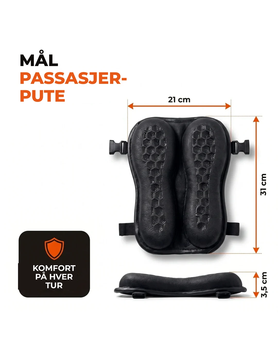 Mål på passasjerputa: 21 cm × 31 cm × 3,5 cm