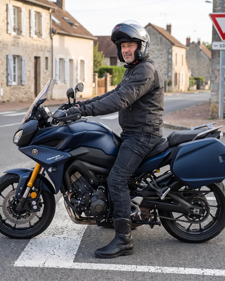 Motorsyklist stoppet ved et stoppskilt, med føttene flatt i bakken og SelleZen-puta på setet