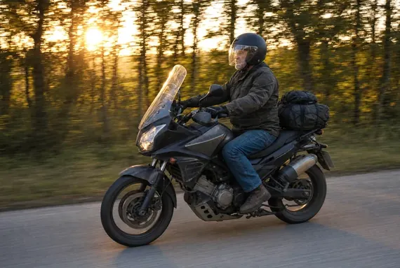 Motorsyklist på en fullastet tourer, lang vei i solnedgang
